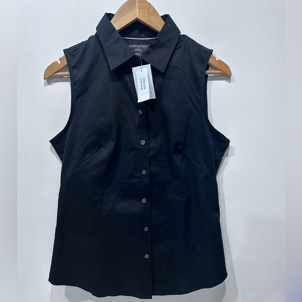 Banana Republic‎ Non-Iron Black Sleeveless Button-Front Collar Blouse Size 8 NWT
